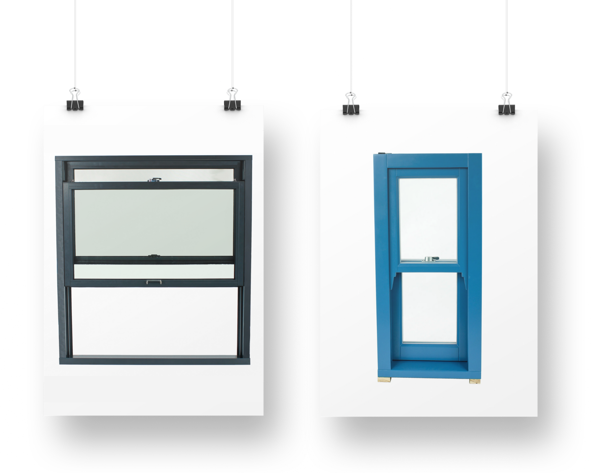 finestra in legno blu e finestra in alluminio antracite